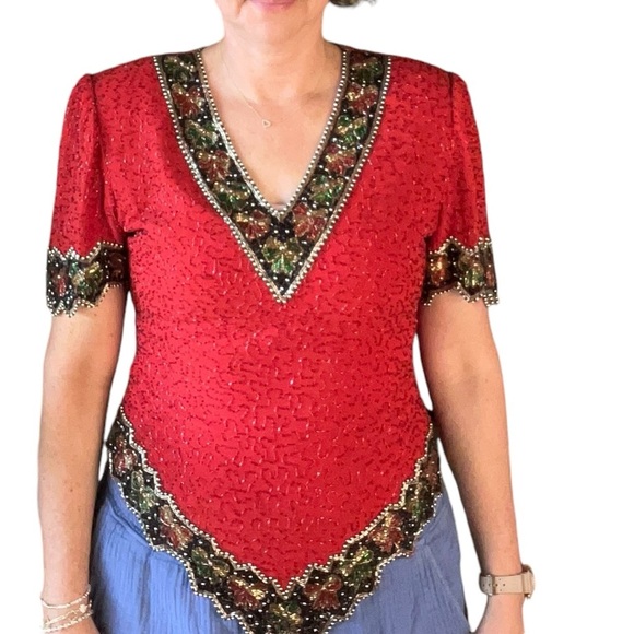 Vintage Laurence Kazar Sz M Allover Sequin Red Holiday Bow Novelty Trim Blouse - Picture 2 of 14